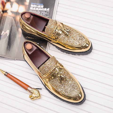 New fashion men's shoes, wedding groom's shoes, patent leather glitter diamond piece shiny personality pointed gold shoes, loafe