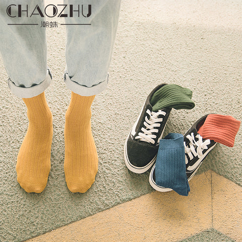 CHAOZHU Men's Socks Autumn Spring 95% Cotton Rib Solid Colors Japanese Basic Vintage Fashion Multi-Colors Daily Socks Men Boys